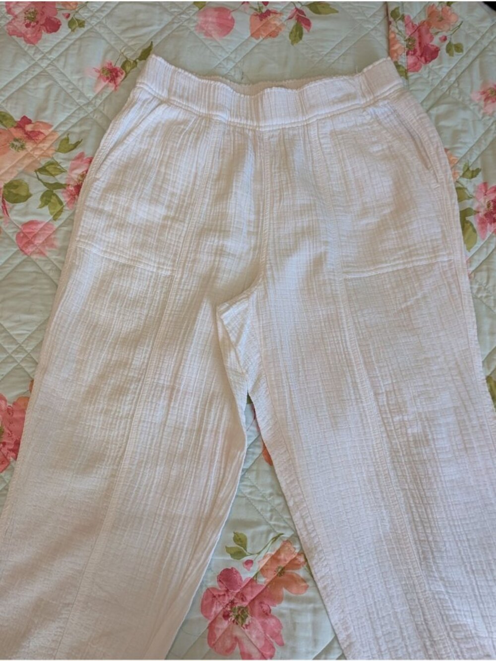 Women's Wonderly White Cotton Gauze Pull-on Pants Size M Elastic Waist Wide Leg